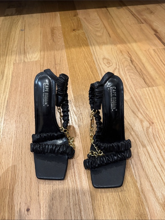 Cape Robbin Shoes - Cape Robbin Black Ruched Strap Heeled Sandals with Gold Chain